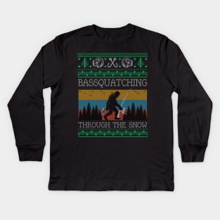 Christmas Sasquatch Bass Fishing Bigfoot Ugly Christmas Sweater Kids Long Sleeve T-Shirt